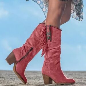 New! Women’s Vegan Leather Fringe Boots Western Cowboy Boots RED